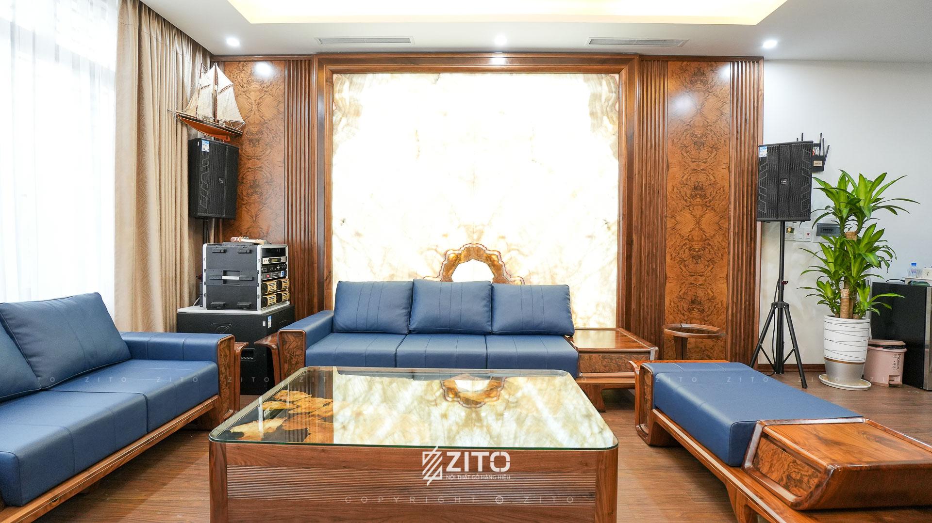 thi công phòng khách nhà phố gỗ óc chó Hải Phòng